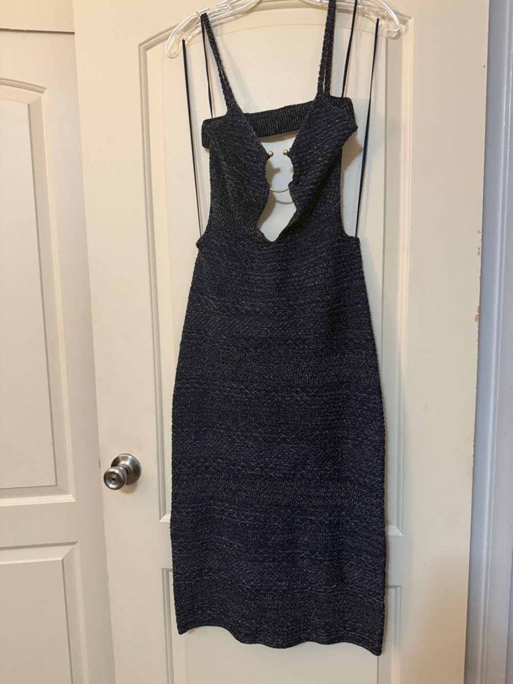 Navy Blue Knit Dress with Silver Metallic Thread  Cut Openings